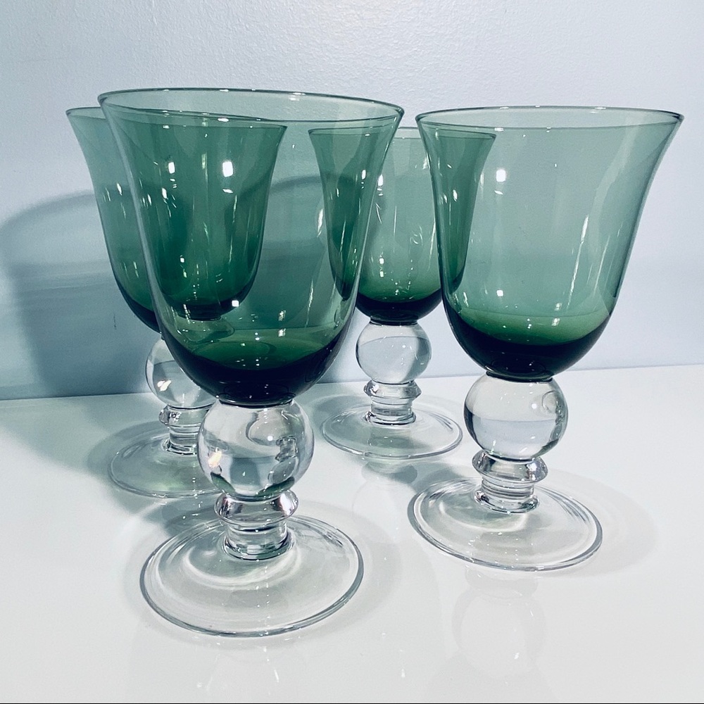 Water Goblets Green Glass With Ball Stem Set Of 4